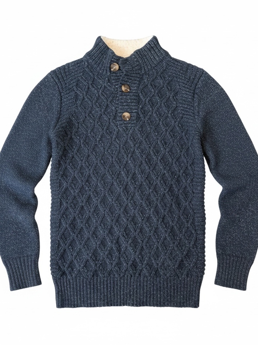 Boys Navy Cable Knit Button-Neck Sweater